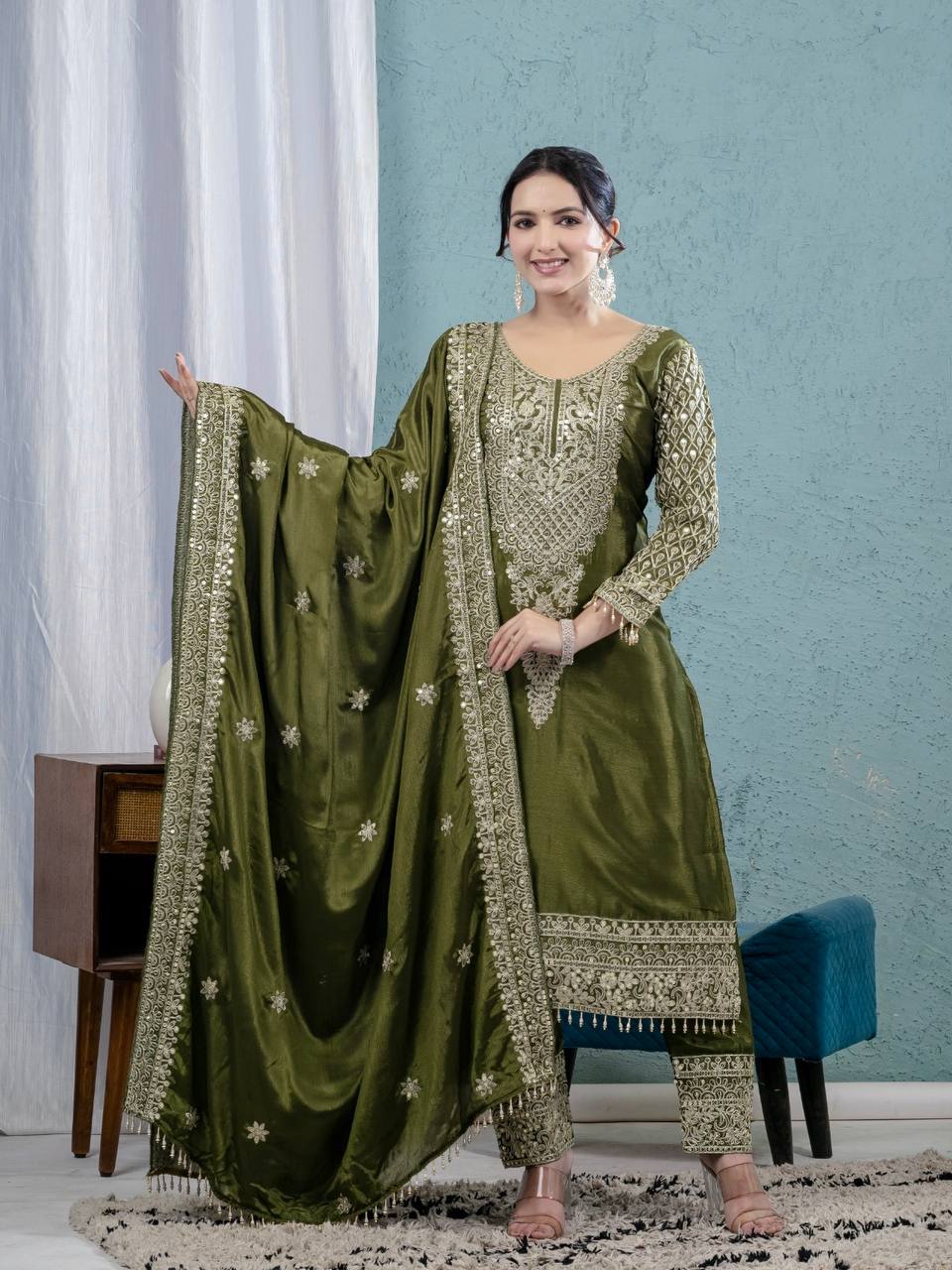 Deep Moss Satin Embellished Set